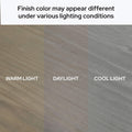 Wood finish color variations under different lighting conditions — warm light, daylight, and cool light — showing how lighting changes wood stain appearance and texture.