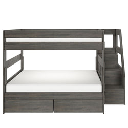 Gray wood twin-over-full bunk bed with right-side storage staircase, built-in under-bed drawers and modern kids' bedroom loft design