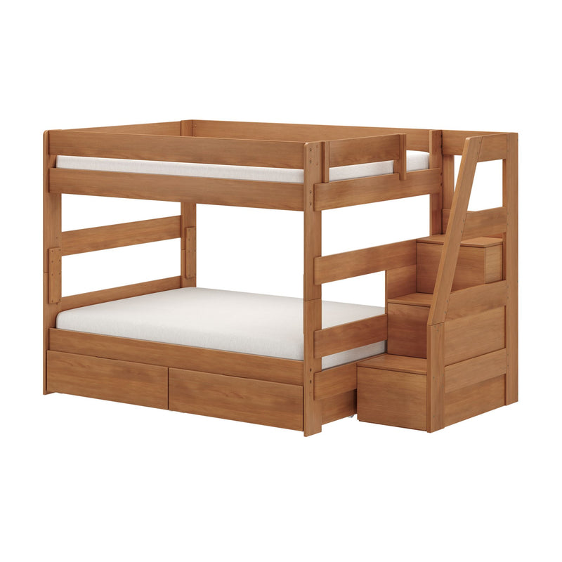 Solid wood twin-over-full bunk bed with built-in storage stairs and under-bed drawers in natural finish, modern kids' loft bed