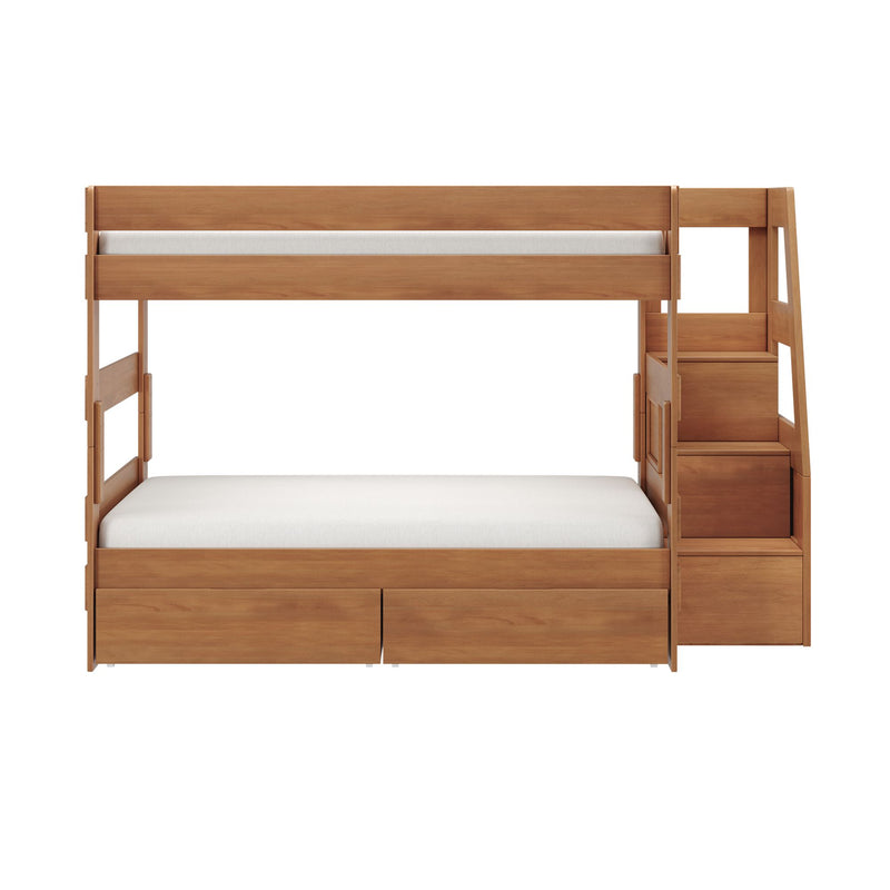Natural wood bunk bed with built-in staircase, under-bed drawers and modern space-saving design for kids' bedroom