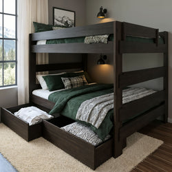 Dark wood bunk bed with built-in under-bed storage drawers, green bedding and wall sconces in a cozy modern bedroom with window view