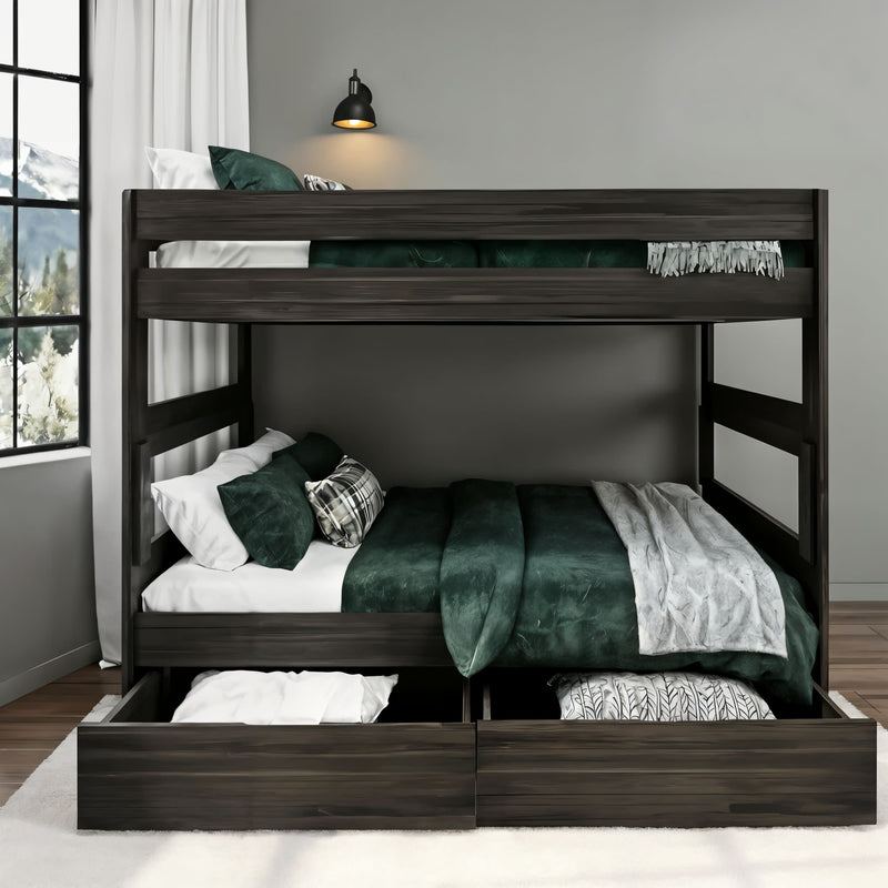 Modern dark wood bunk bed with green bedding and pillows, built-in under-bed storage drawers, wall sconce reading light and large window with snowy mountain view