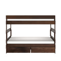 Dark walnut wooden bunk bed, twin-over-full layout with white mattresses and built-in under-bed storage drawers, modern space-saving bedroom furniture