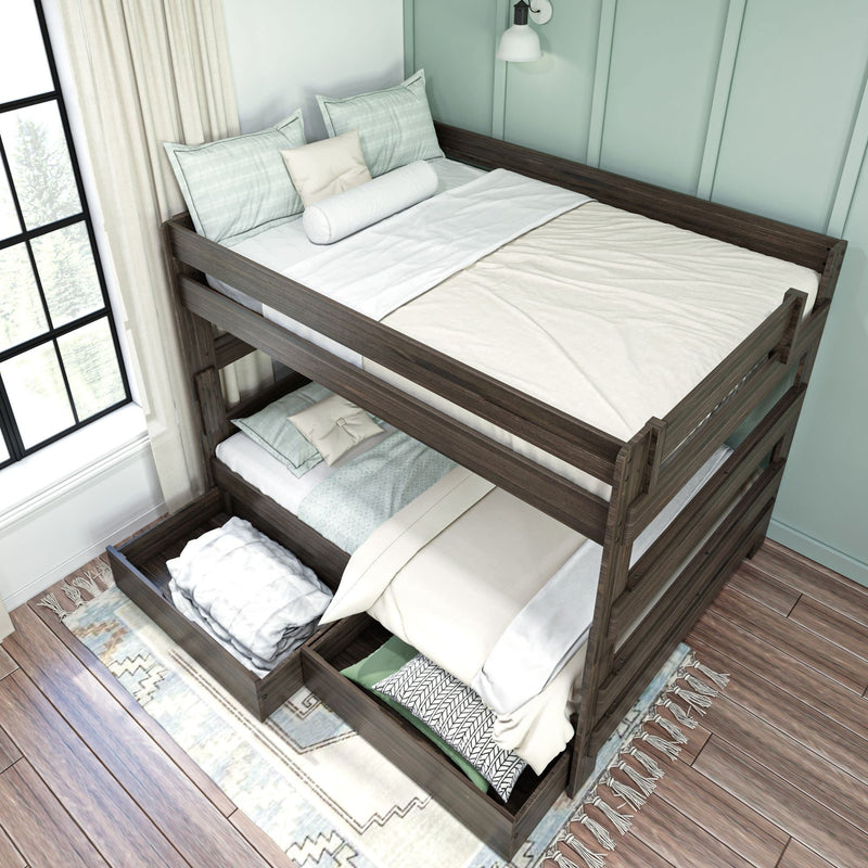 Space-saving dark wood bunk bed with pull-out storage drawers and light green bedding, ideal for small bedrooms.