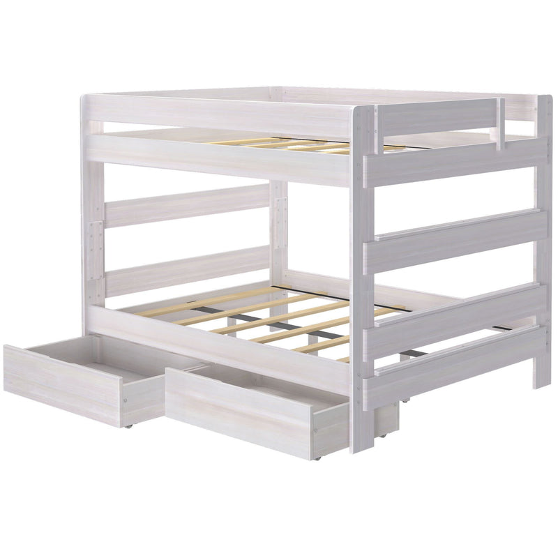 White wooden bunk bed frame with storage drawers, perfect for maximizing space in a child's bedroom.