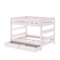 White wooden twin-over-twin bunk bed with safety rails and two under-bed storage drawers, slatted mattress platforms for kids' bedroom