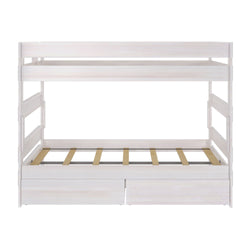 White wooden bunk bed frame with slatted base, ideal for saving space in kids' bedrooms.