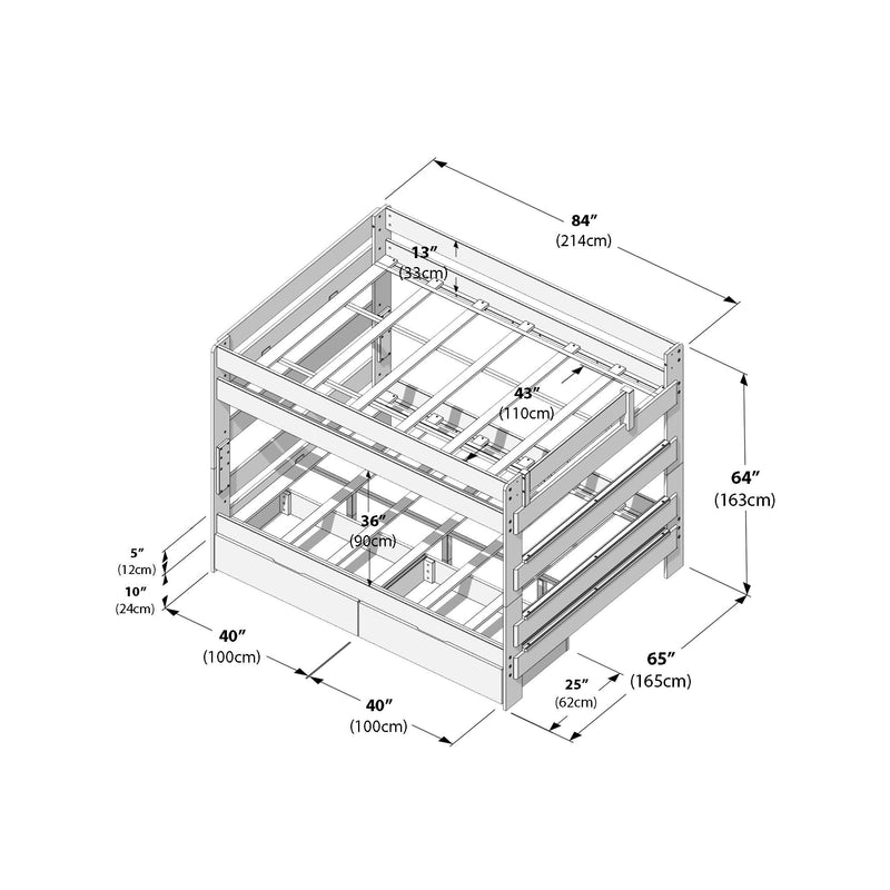 Wooden bunk bed dimensions diagram: isometric view of a loft-style double bunk bed frame with slatted mattress supports, safety guardrails and two under-bed storage drawers, overall 84" (214 cm) long × 65" (165 cm) deep × 64" (163 cm) high