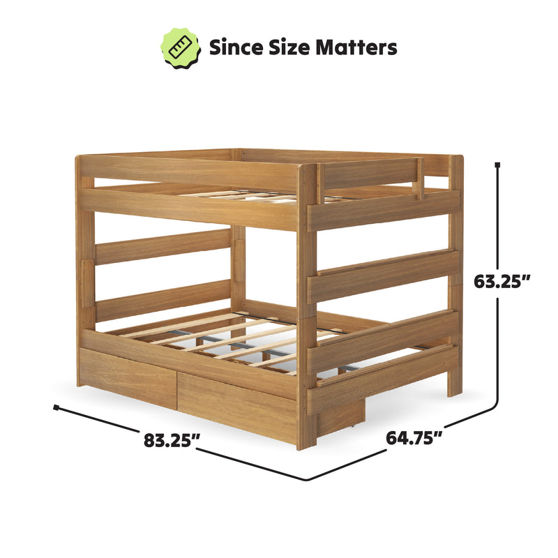 Wooden bunk bed with dimensions 83.25 inches by 64.75 inches by 63.25 inches.