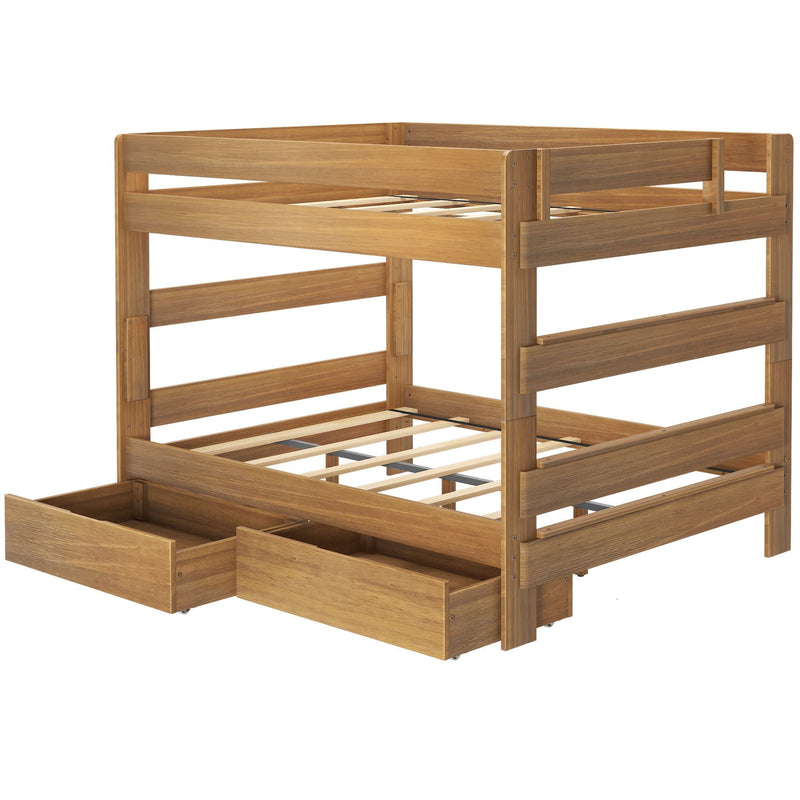 Wooden bunk bed with storage drawers, perfect for space-saving in kids' bedrooms.