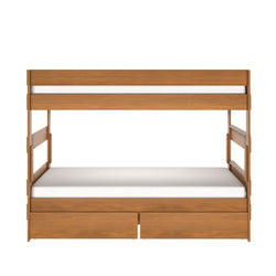 Two-tier wooden bunk bed with under-bed storage drawers, natural wood finish, white mattresses, space-saving design