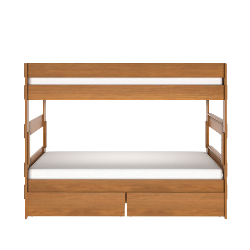 Two-tier wooden bunk bed with under-bed storage drawers, natural wood finish, white mattresses, space-saving design