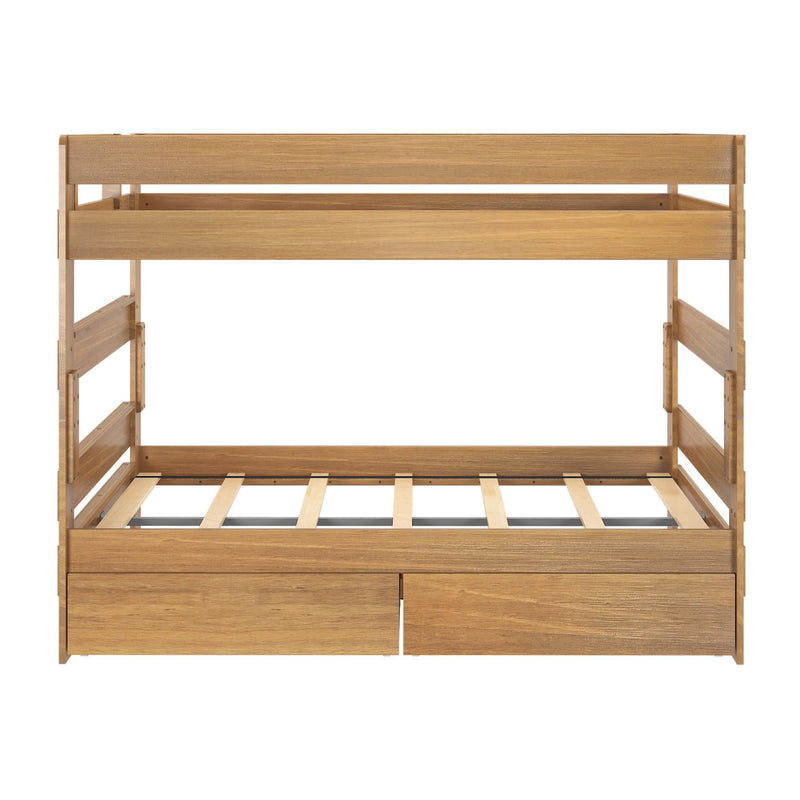 Wooden bunk bed with storage drawers, modern design for kids' bedroom.