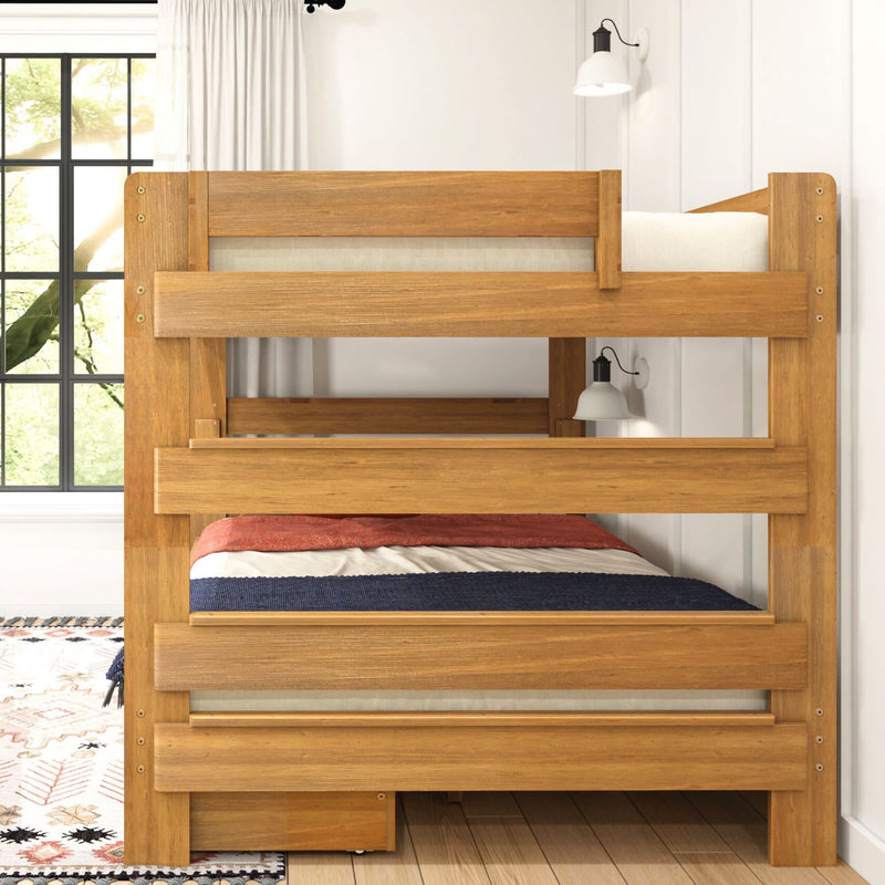 Wooden bunk bed with colorful bedding in a bright, modern bedroom setting.