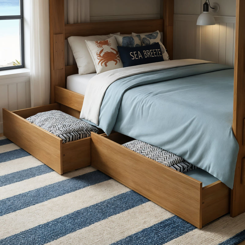 Wooden platform bed with two under-bed storage drawers open, light blue duvet, coastal "Sea Breeze" accent pillow and blue-striped rug