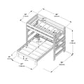Detailed technical diagram of a wooden L-shaped twin-over-full bunk bed with ladder and guardrail, annotated dimensions in inches and cm for assembly and sizing