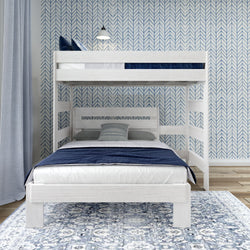White wooden bunk bed with blue bedding in a modern bedroom with patterned wallpaper.