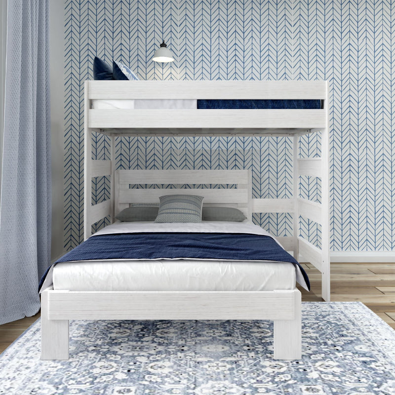White wooden bunk bed with blue bedding in a modern bedroom with patterned wallpaper.