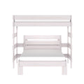 White wooden twin-over-full bunk bed with slatted headboard, guardrails and ladder — space-saving modern kids' bedroom furniture