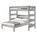 Gray wooden bunk bed with twin over full design and bedding.
