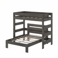 Charcoal wooden twin-over-full bunk bed frame with slatted platforms, built-in ladder and guardrails