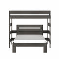 Twin-over-full dark gray wood bunk bed with slatted headboard and integrated ladder, modern space-saving kids' bedroom furniture