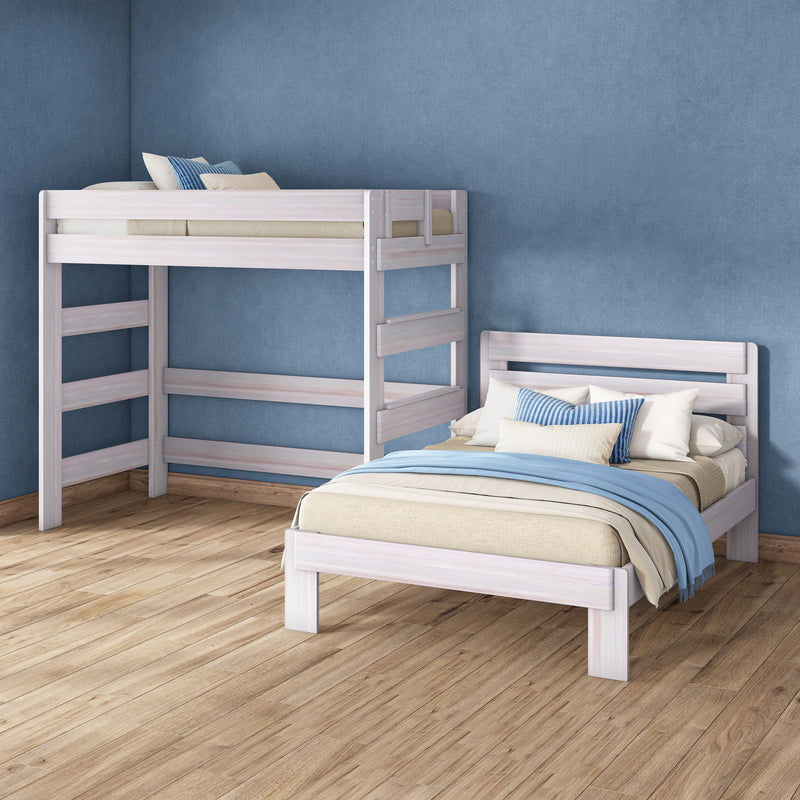 Whitewashed wooden loft bunk bed and single bed in modern blue bedroom with hardwood floor, beige bedding and blue pillows