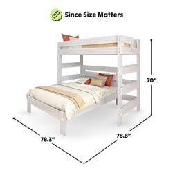 White wooden bunk bed with measurements: 78.3 inches wide, 78.8 inches long, and 70 inches high, featuring decorative pillows and bedding.