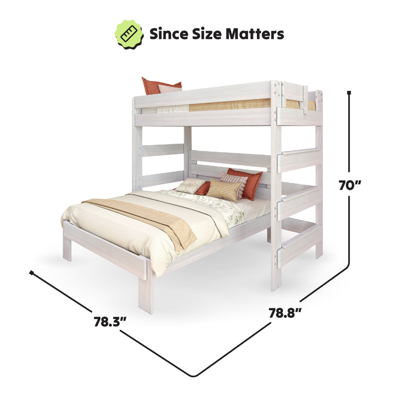 White wooden bunk bed with measurements: 78.3 inches wide, 78.8 inches long, and 70 inches high, featuring decorative pillows and bedding.