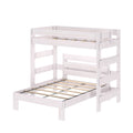 White wooden twin-over-full bunk bed with slatted platform bases, built-in safety rails and integrated ladder, space-saving kids bedroom furniture