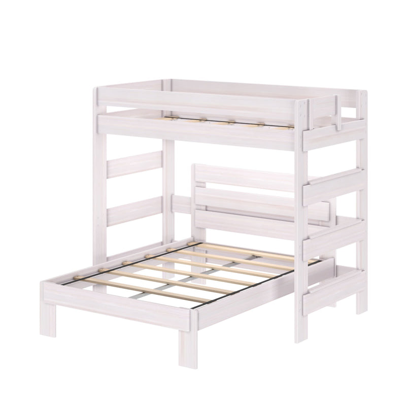 White wooden twin-over-full bunk bed with slatted platform bases, built-in safety rails and integrated ladder, space-saving kids bedroom furniture