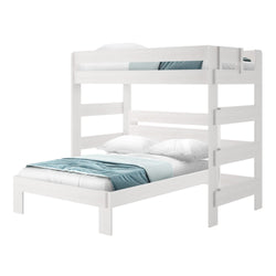 White wooden bunk bed set with blue bedding, ideal for kids' bedroom furniture solutions.