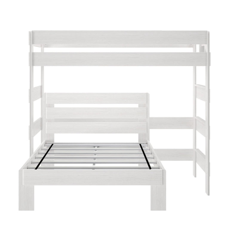 White twin loft bed frame with modern design, perfect for maximizing space in small bedrooms.