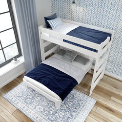 Efficient modern bedroom with white wooden bunk bed featuring navy blue bedding, light wood flooring, patterned wallpaper, and a decorative area rug.