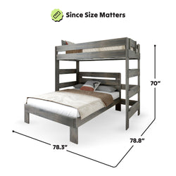 Wooden bunk bed dimensions, featuring upper and lower beds with a modern design in gray finish.