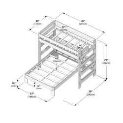 Diagram of twin-over-full loft bunk bed frame dimensions, wooden bunk bed with ladder, guardrails and slatted mattress supports, measurement callouts in inches and cm (overall 80" x 79" x 70" / 203 x 200 x 178 cm).