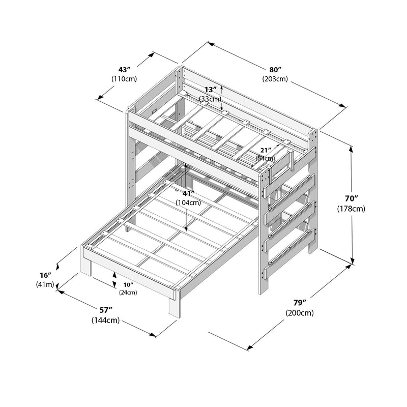 Diagram of twin-over-full loft bunk bed frame dimensions, wooden bunk bed with ladder, guardrails and slatted mattress supports, measurement callouts in inches and cm (overall 80" x 79" x 70" / 203 x 200 x 178 cm).