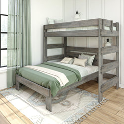 Rustic wooden bunk bed with green bedding in modern bedroom setting.