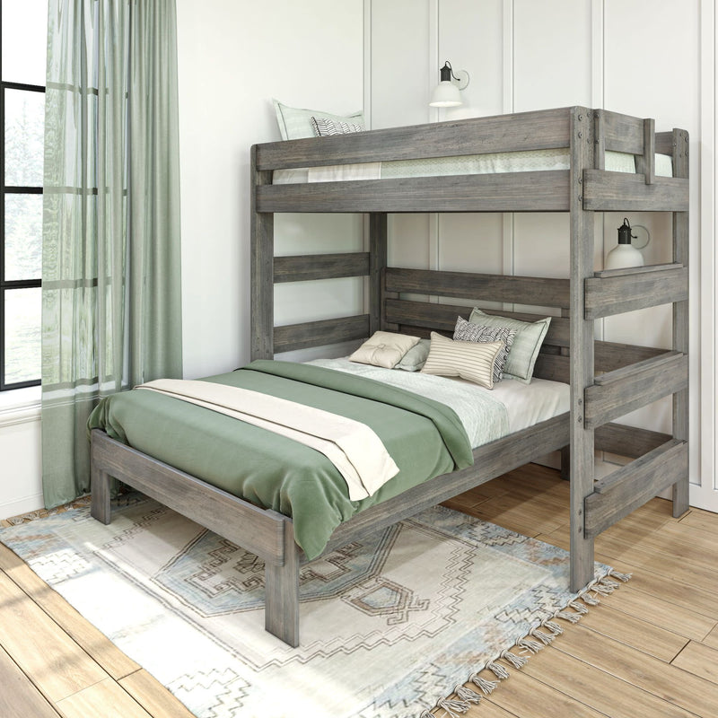 Rustic wooden bunk bed with green bedding in modern bedroom setting.