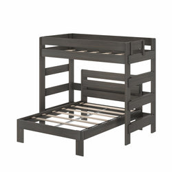 Dark gray wooden twin-over-full bunk bed frame with slatted mattress supports, integrated ladder and safety guardrails — space-saving kids' and teens' bedroom furniture.