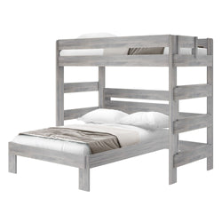 Gray wooden bunk bed with a full bed on the bottom and a twin bed on top, featuring a minimalist design and cozy bedding.