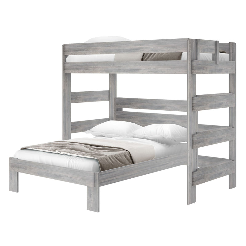 Gray wooden bunk bed with a full bed on the bottom and a twin bed on top, featuring a minimalist design and cozy bedding.