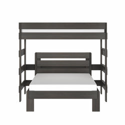 Dark gray wood twin-over-full bunk bed with slatted headboard and footboard, safety guardrail and side ladder, modern farmhouse space-saving design for kids and teens, isolated on white background