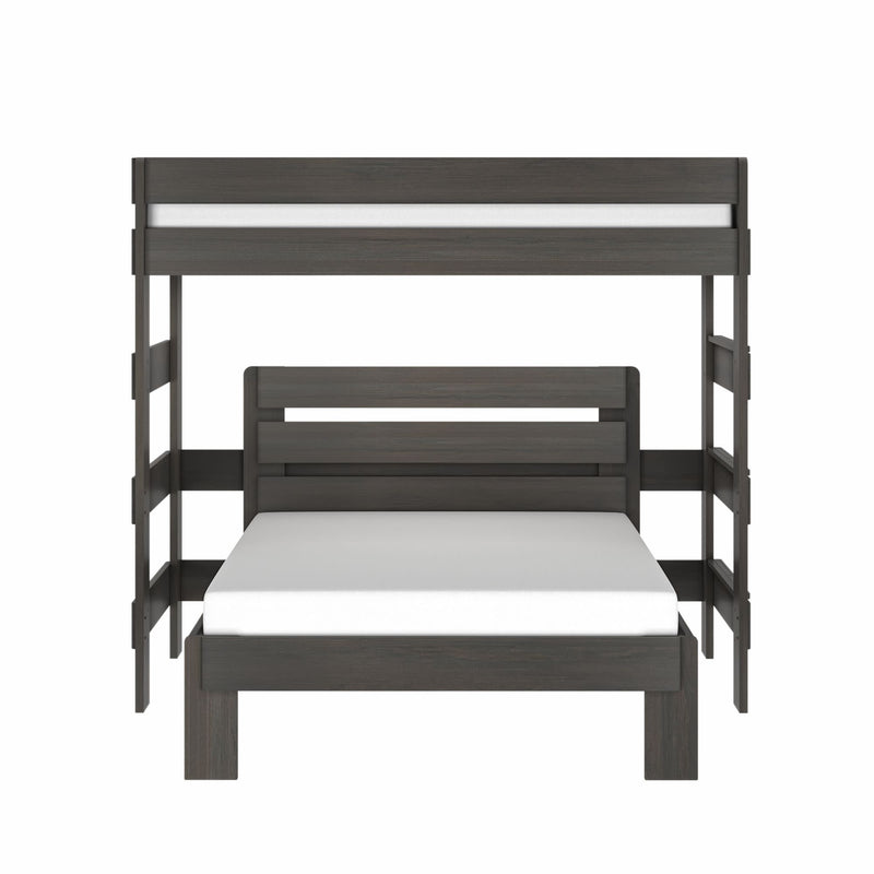 Dark gray wood twin-over-full bunk bed with slatted headboard and footboard, safety guardrail and side ladder, modern farmhouse space-saving design for kids and teens, isolated on white background