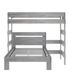 Wooden gray bunk bed with ladder and slatted base.