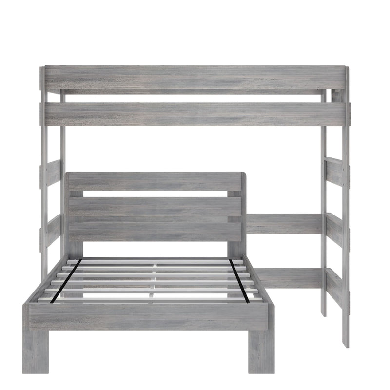 Wooden gray bunk bed with ladder and slatted base.