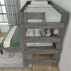 Stylish wooden bunk bed with gray finish in a modern bedroom setting featuring cozy bedding and decorative throw pillows.