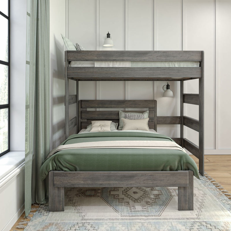 Bunk bed with green bedding and modern decor in a bright bedroom.