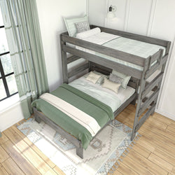 Gray wooden bunk bed with green and white bedding in a modern, light-filled bedroom.