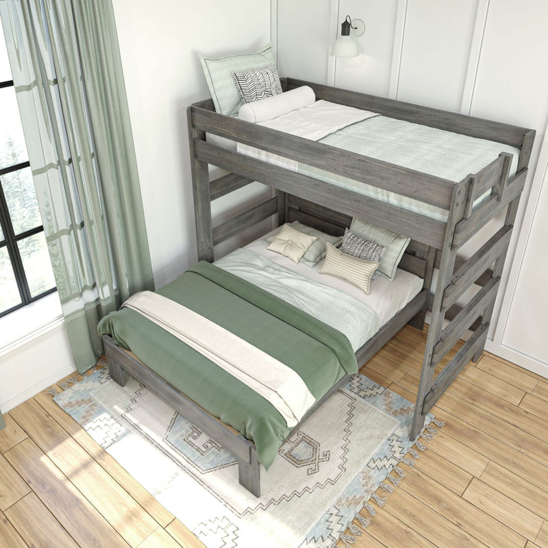 Gray wooden bunk bed with green and white bedding in a modern, light-filled bedroom.